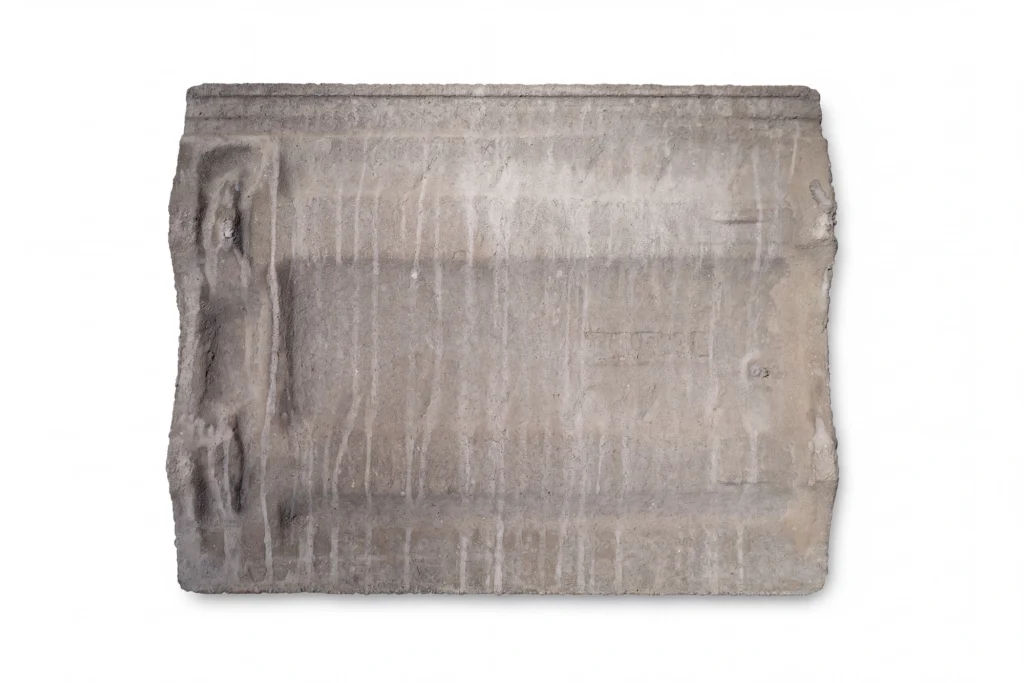 Back of a Boral Macquarie concrete roof tile showing the moulded underside and side interlocking profile.